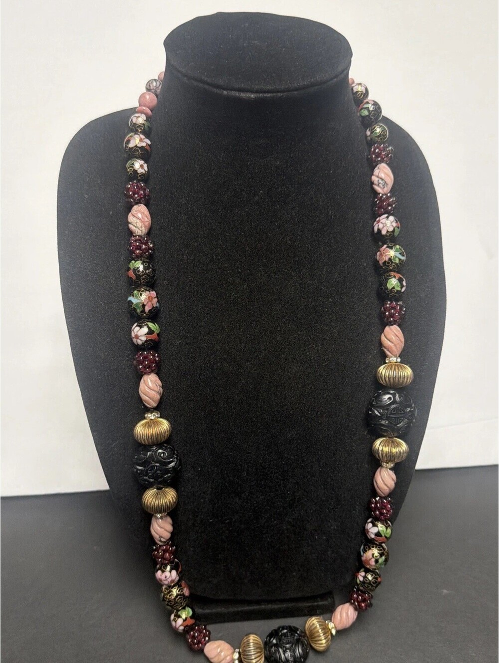 Vintage Art Glass Beaded Necklace Wedding Cake Style Beads Stone Carved Chinese - Picture 1 of 14